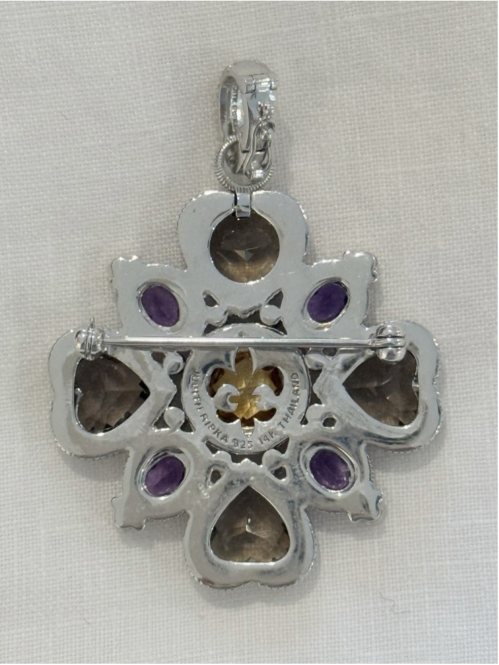 Judith Ripka Sterling Silver 925 Smoky Quartz Citrine Amethyst Pin Pendant - Picture 2 of 3